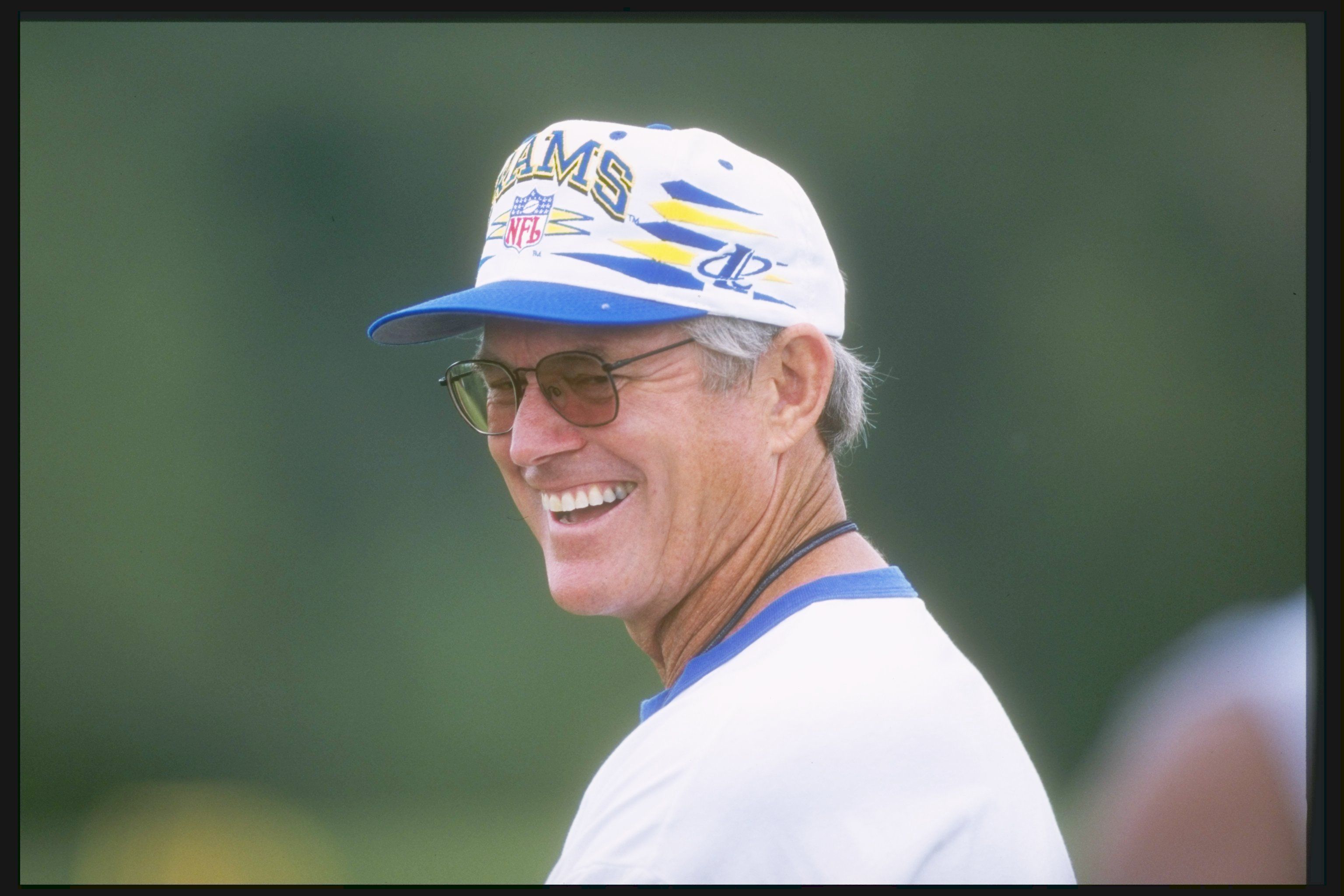 St. Louis Rams head coach Dick Vermeil looks on during training camp at Western Illinois University in Macomb, Illinois.