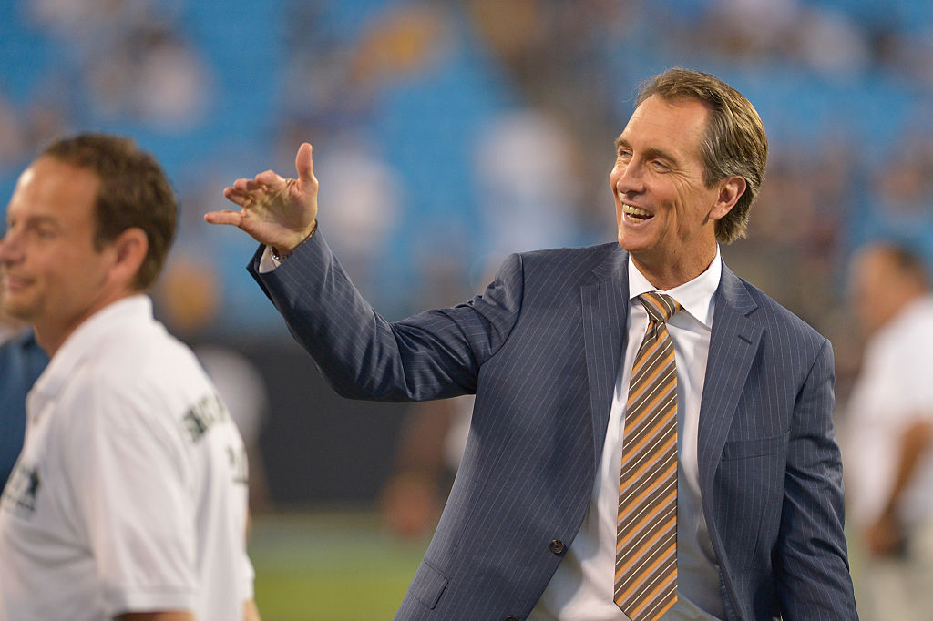 NBC Sports personality Chris Collinsworth during an NBC Sunday Night Football broadcast between the Carolina Panthers abd the Pittsburgh Steelers at Bank of America Stadium on September 21, 2014 in Charlotte, North Carolina. chris collinsworth