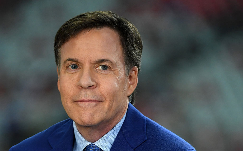 Sunday Night Football commentator Bob Costas sits on set before the NFL game between the New England Patriots and the Arizona Cardinals at University of Phoenix Stadium on September 11, 2016 in Glendale, Arizona. New England won 23-21. bob costas