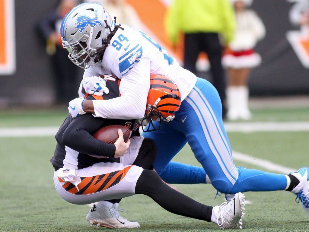 Defensive end Ezekiel Ansah Free Agent Ezekiel Ansah tackling a quarterback.