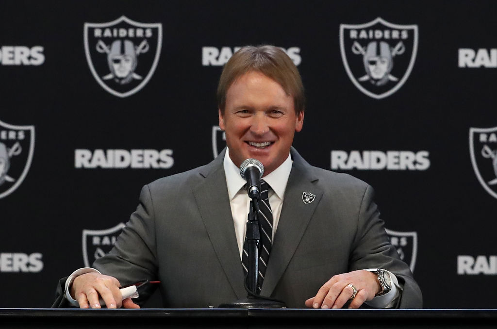Oakland Raiders new head coach Jon Gruden speaks during a news conference at Oakland Raiders headquarters