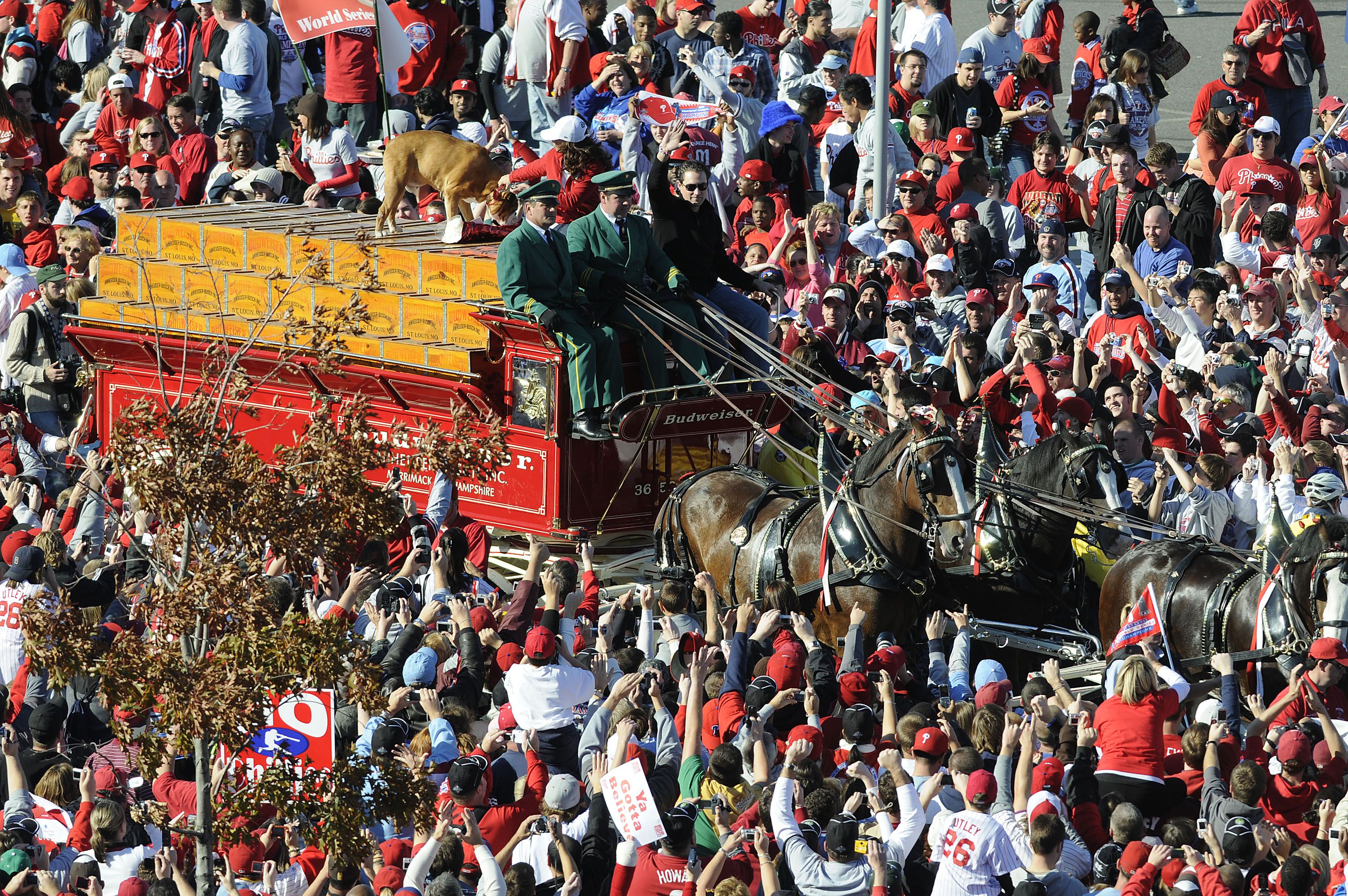 Philadelphia Phillies left fielder Pat Burrell waves to the crowd as he arrives at a victory rally at Citizens Bank Park October 31, 2008 in Philadelphia, Pennsylvania. The Phillies defeated the Tampa Bay Rays to win their first World Series in 28 years.