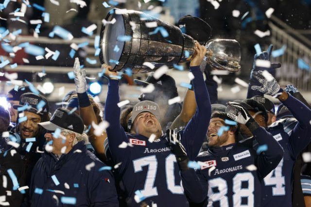Lirim Hajrullahu of the Toronto Argonauts raises the Grey Cup after winning the 105th Grey Cup Championship Game against the Calgary Stampeders. Lirim Hajrullahu of the Toronto Argonauts raises the Grey Cup after winning the 105th Grey Cup Championship Game against the Calgary Stampeders.