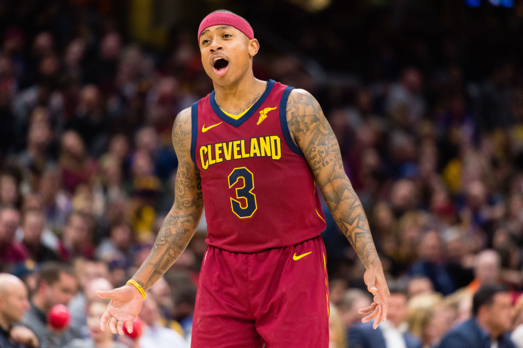 Isaiah Thomas of the Cleveland Cavaliers yells to a teammate.