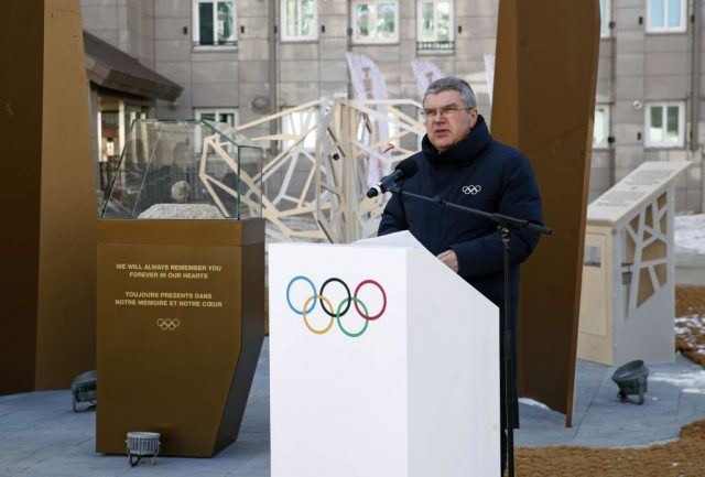 International Olympic Committee President Thomas Bach delivers remarks as he dedicates a mourning space inside the Pyeongchang Olympic Village prior to the 2018 Winter Olympics February 5, 2018 in Pyeongchang-gun, South Korea. International Olympic Committee President Thomas Bach delivers remarks as he dedicates a mourning space inside the Pyeongchang Olympic Village prior to the 2018 Winter Olympics February 5, 2018 in Pyeongchang-gun, South Korea.