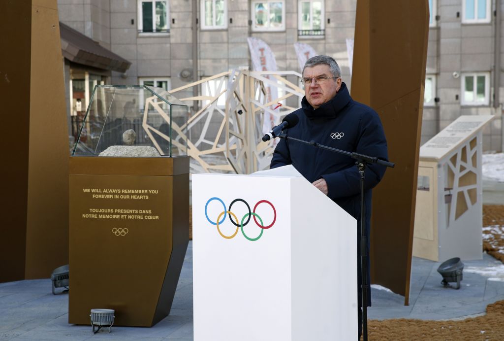 International Olympic Committee President Thomas Bach delivers remarks as he dedicates a mourning space inside the Pyeongchang Olympic Village prior to the 2018 Winter Olympics February 5, 2018 in Pyeongchang-gun, South Korea. International Olympic Committee President Thomas Bach delivers remarks as he dedicates a mourning space inside the Pyeongchang Olympic Village prior to the 2018 Winter Olympics February 5, 2018 in Pyeongchang-gun, South Korea.