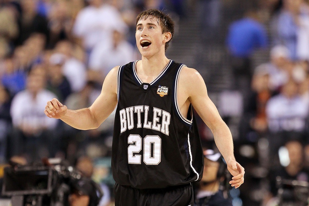 Gordon Hayward of the Butler Bulldogs reacts after beating the Michigan State Spartans during the National Semifinal game of the 2010 NCAA Basketball Championship.