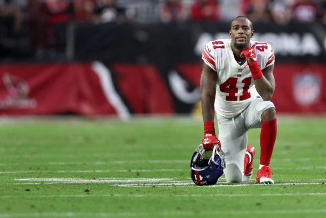 Dominique Rodgers-Cromartie Cornerback Dominique Rodgers-Cromartie #41 of the New York Giants knels on the field