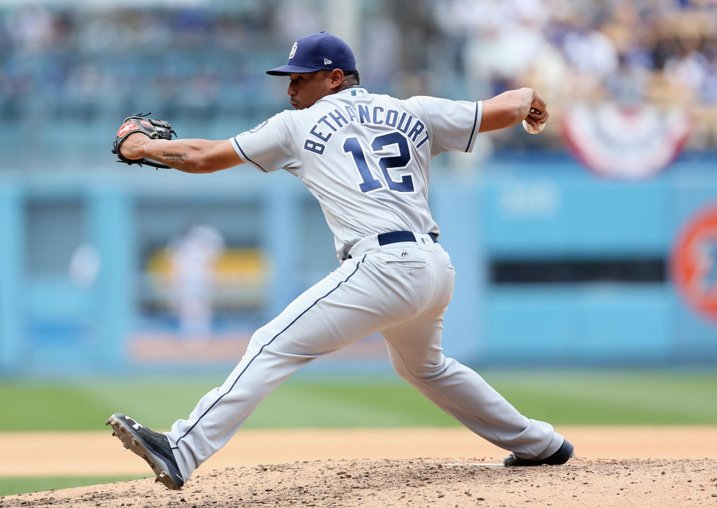 Reliever Christian Bethancourt #12 of the San Diego Padres