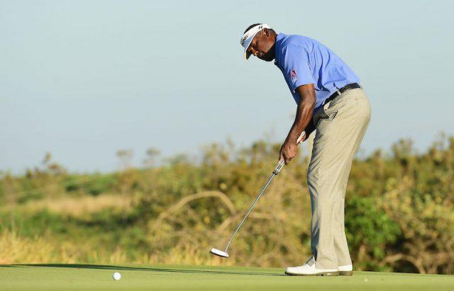 Vijay Singh aiming his club. Vijay Singh aiming his club.