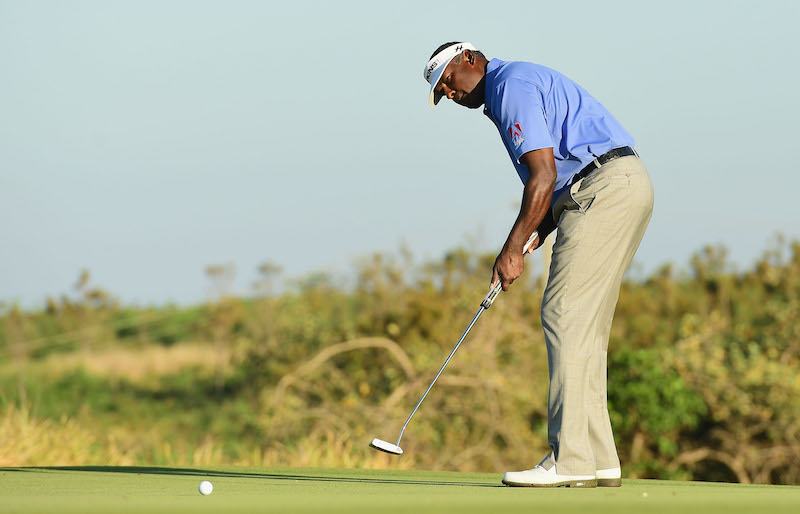 Vijay Singh aiming his club. Vijay Singh aiming his club.