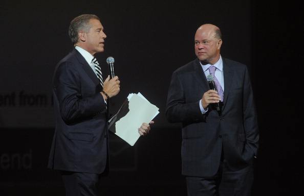 Anchor and managing editor of NBC Nightly News Brian Williams (L) and American hedge fund manager David Tepper