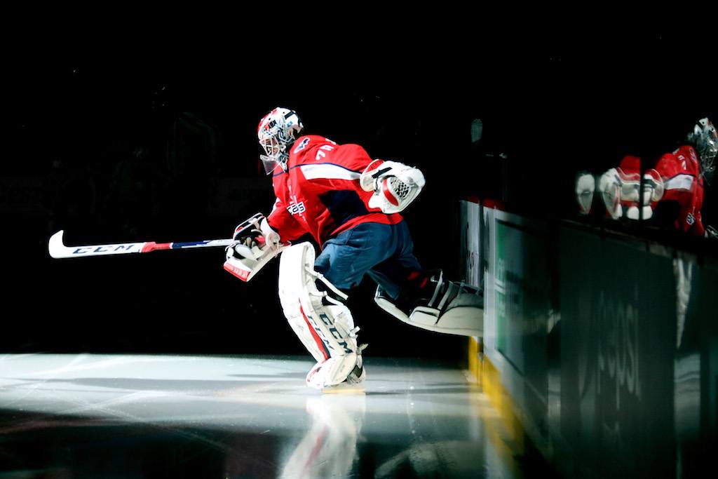 Braden Holtby #70 of the Washington Capitals skates on the ice prior to Game Three of the Eastern Conference Finals against the Tampa Bay Lightning during the 2018 NHL Stanley Cup Playoffs at Capital One Arena