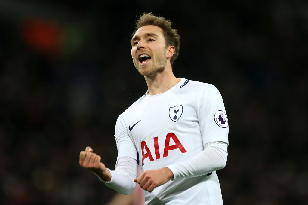 Christian Eriksen of Tottenham Hotspur celebrates after scoring his sides fifth goal during the Premier League match between Tottenham Hotspur and Stoke City at Wembley Stadium on December 9, 2017 in London, England.
