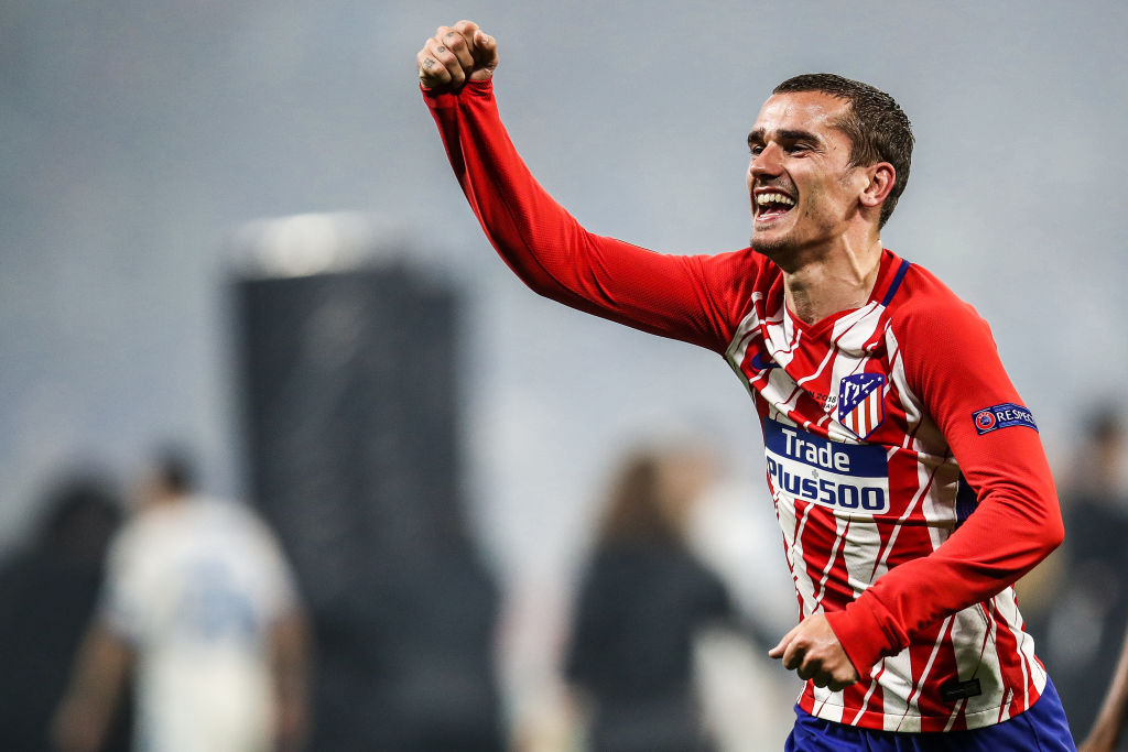 Antoine Griezmann of Atletico Madrid celebrates his team's victory in the UEFA Europa League Final between Olympique de Marseille and Club Atletico de Madrid at Stade de Lyon on May 16, 2018 in Lyon, France. Antoine Griezmann of Atletico Madrid celebrates his team's victory in the UEFA Europa League Final between Olympique de Marseille and Club Atletico de Madrid at Stade de Lyon on May 16, 2018 in Lyon, France.