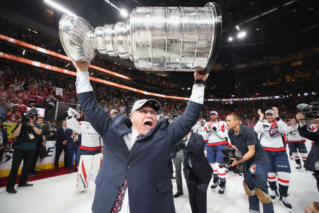 Head coach Barry Trotz carries the Stanley Cup in celebration after his team defeated the Vegas Golden Knights 4-3 in Game Five of the 2018 NHL Stanley Cup Final at the T-Mobile Arena on June 7, 2018 in Las Vegas, Nevada. Head coach Barry Trotz carries the Stanley Cup in celebration after his team defeated the Vegas Golden Knights 4-3 in Game Five of the 2018 NHL Stanley Cup Final at the T-Mobile Arena on June 7, 2018 in Las Vegas, Nevada.