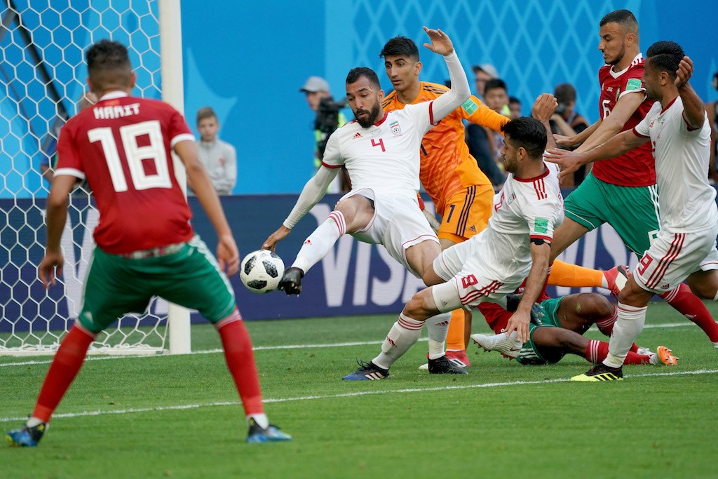 Roozbeh Cheshmi of Iran shoots on goal during the 2018 FIFA World Cup Russia group B match between Morocco and Iran at Saint Petersburg Stadium on June 15, 2018 in Saint Petersburg, Russia.