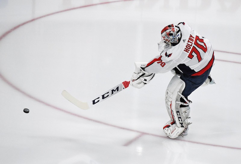 Braden Holtby #70 of the Washington Capitals shoots the puck during warmups before Game Five of the 2018 NHL Stanley Cup Final.