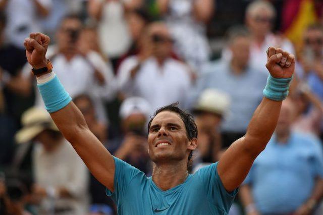 Rafael Nadal celebrates after victory over Austria's Dominic Thiem during their men's singles final match on day fifteen of The Roland Garros 2018 French Open tennis tournament in Paris. Rafael Nadal celebrates after victory over Austria's Dominic Thiem during their men's singles final match on day fifteen of The Roland Garros 2018 French Open tennis tournament in Paris.