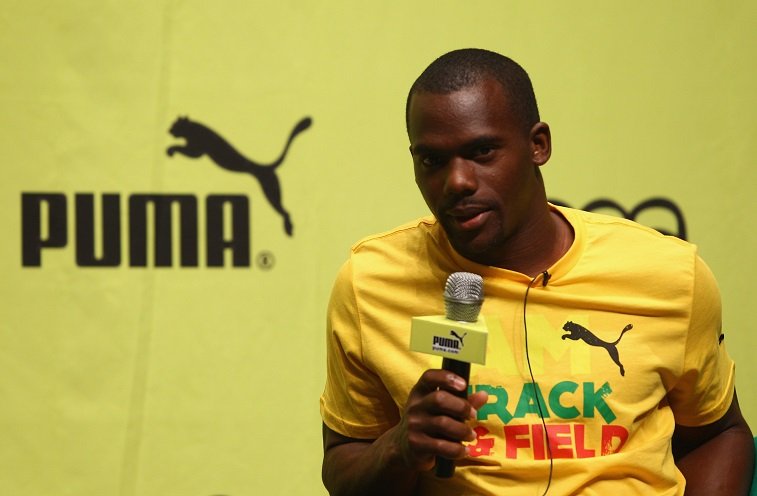 Nesta Carter of Jamaica talks to the media during the PUMA - JAAA press conference prior to the IAAF World Athletics Championships at the Daeduk Cultural Hall on August 25, 2011 in Daegu, South Korea. 
