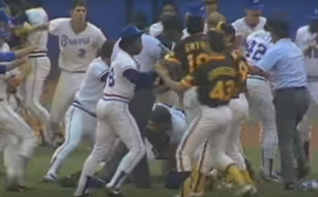 The Braves and Padres fought multiple times during this game The Braves and Padres fought multiple times during this game