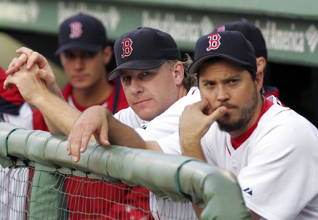 Curt Schilling (center) with teammate Josh Beckett Curt Schilling (center) with teammate Josh Beckett