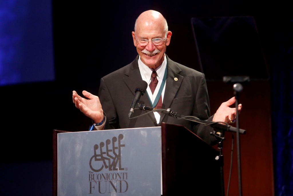 Dick Anderson speaks onstage during the 32nd Annual Great Sports Legends Dinner Dick Anderson speaks onstage during the 32nd Annual Great Sports Legends Dinner