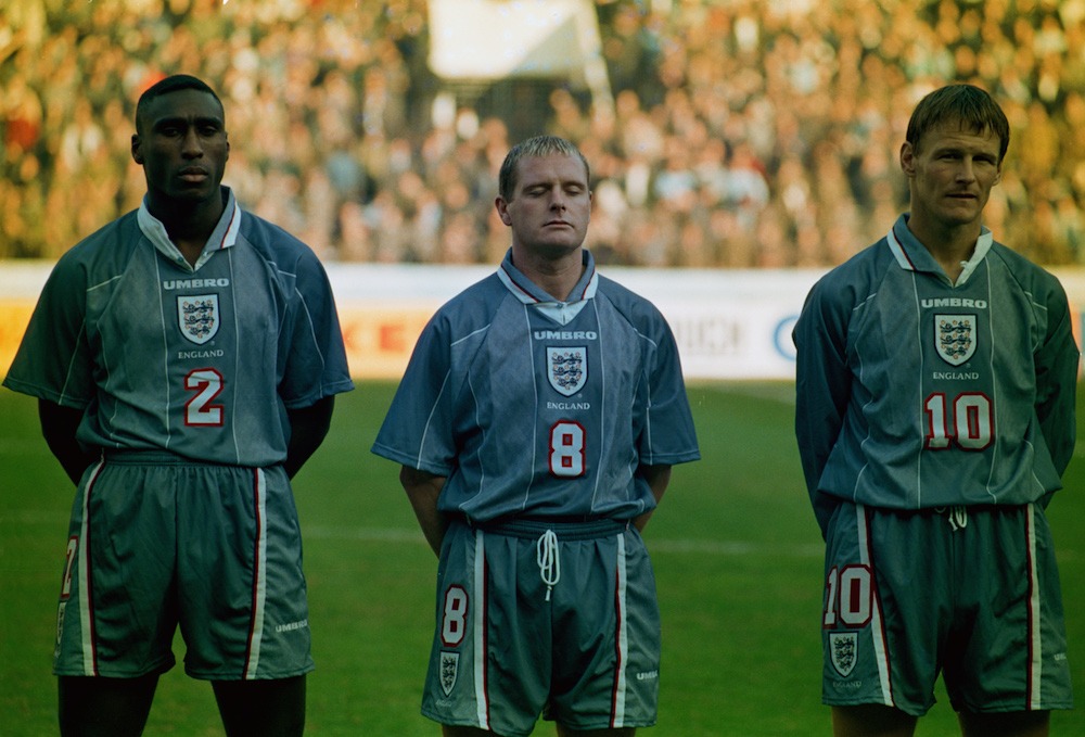 England players Sol Campbell (left), Paul Gascoigne (centre) and Teddy Sheringham line-up before the FIFA World Cup France 1998 Qualifying match against Ukraine