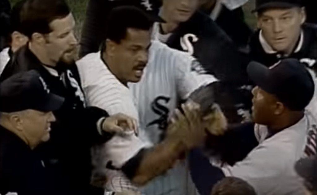 George Bell (center) is furious after being hit by a pitch from Aaron Sele George Bell (center) is furious after being hit by a pitch from Aaron Sele