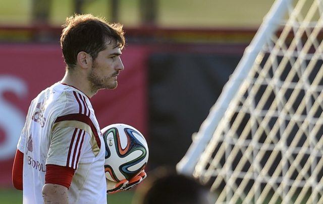 Spain's goalkeeper Iker Casillas takes part in a training session during the 2014 World Cup