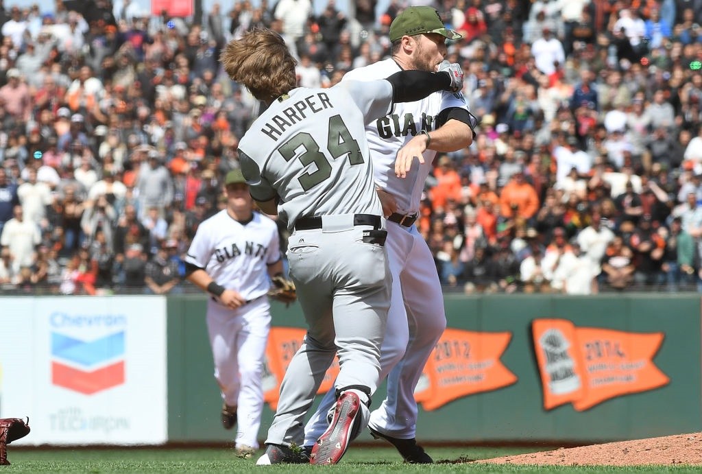 Bryce Harper takes a shot at Hunter Strickland as the benches clear at AT&T Park Bryce Harper takes a shot at Hunter Strickland as the benches clear at AT&T Park