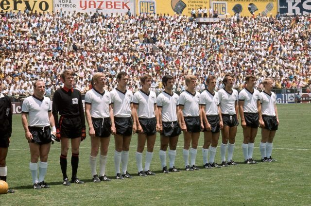 The West German football team line up before their quarter final match against England at the 1970 World Cup