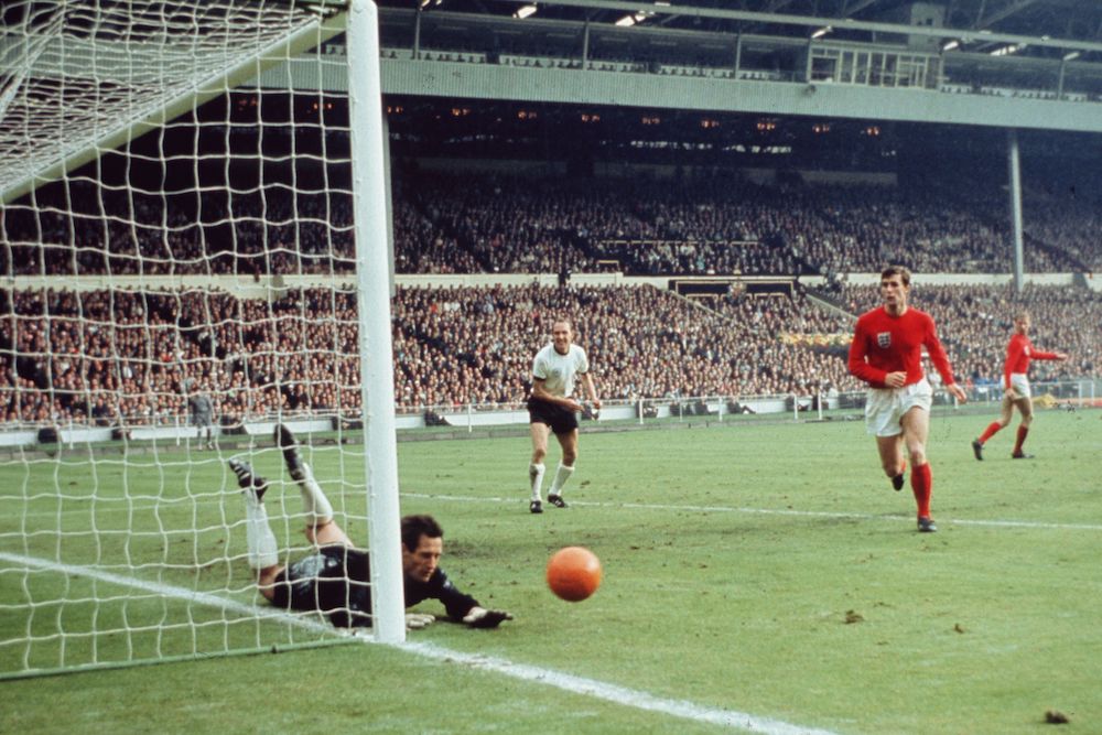 West German goalkeeper Hans Tilkowski saves a shot during the World Cup Final against England in 1966