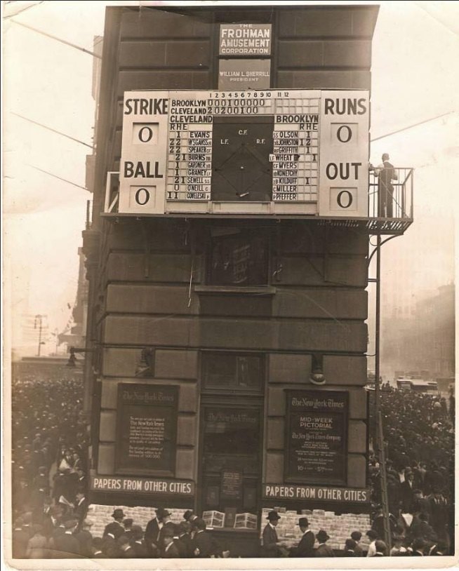 An animatronic scoreboard in New York's Time Square showing the score of the 1920 World Series