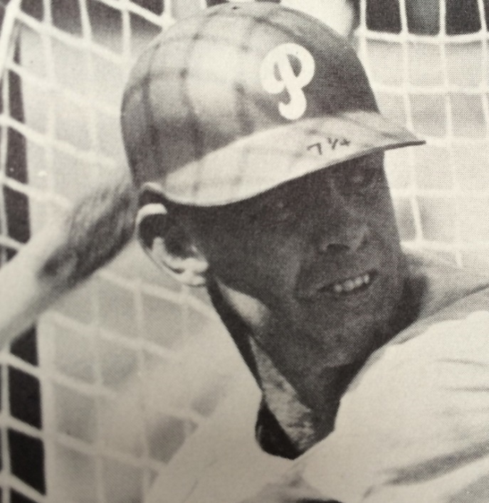 Late 1960s: Phillies outfielder Don Lock, with his hat size written on his batting helmet brim