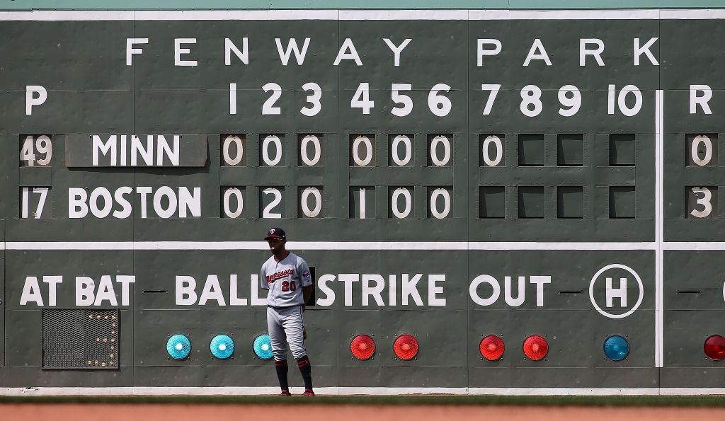 Eddie Rosario of the Minnesota Twins stands in front of the score board at Fenway Park