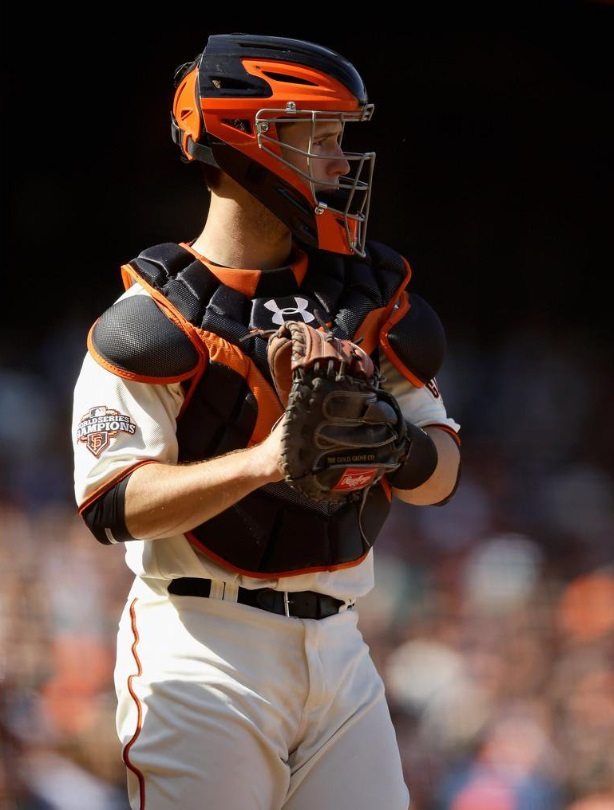 Buster Posey rocks a hockey-style catchers mask Buster Posey rocks a hockey-style catchers mask