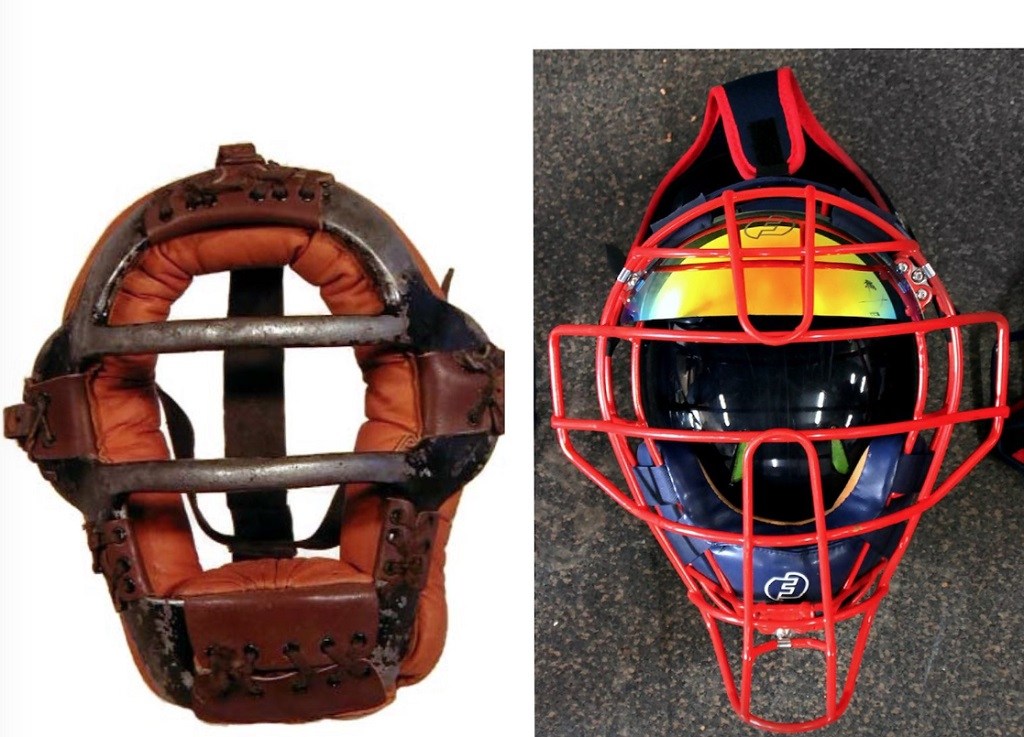 A catchers mask from the 1920s versus now