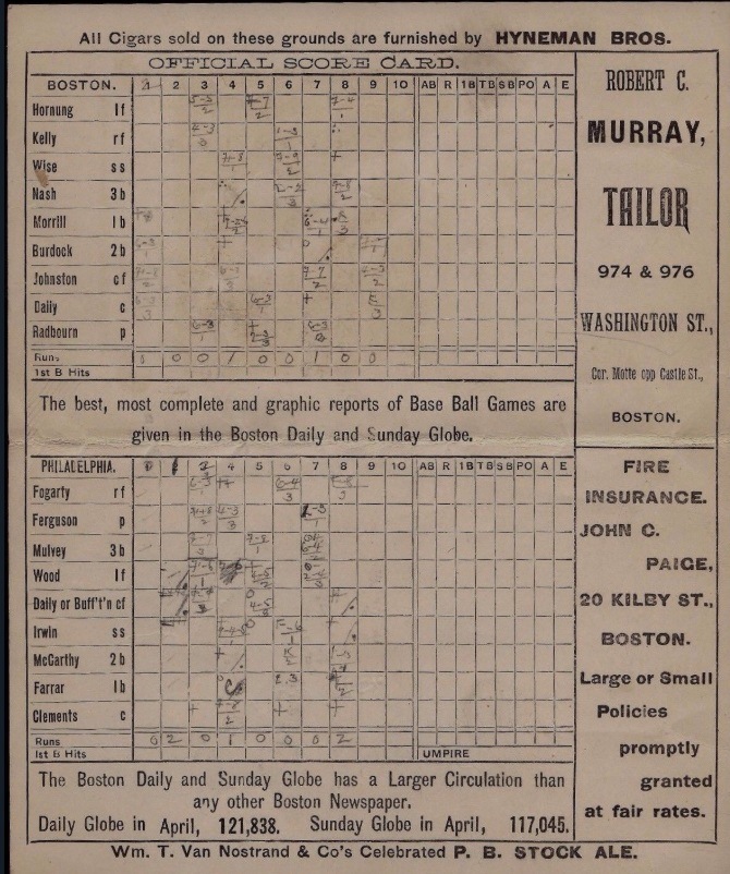 1880s baseball scorecard, Philadelphia vs. Boston