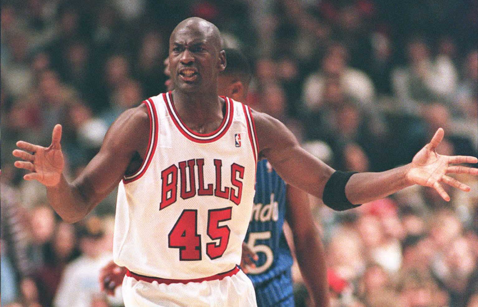 Intense Michael Jordan wearing 45