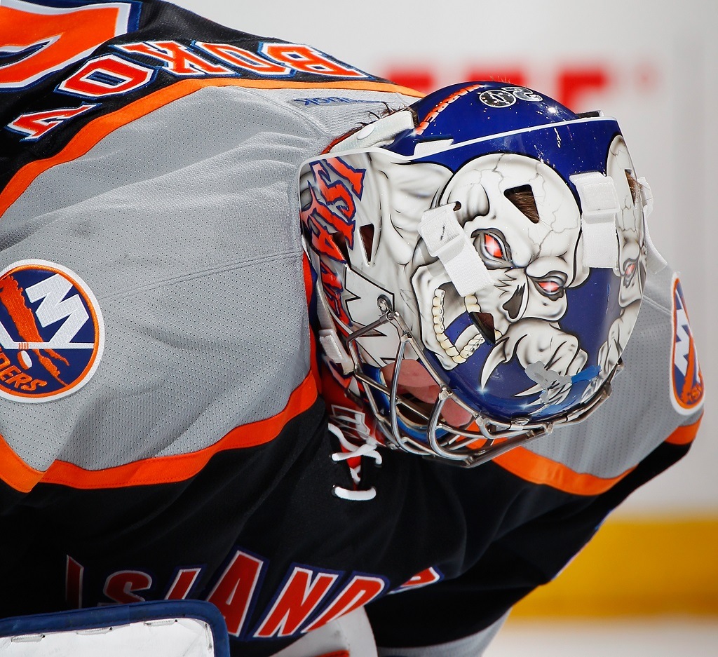 A closeup of Evgeni Nabokov's Islanders mask A closeup of Evgeni Nabokov's Islanders mask