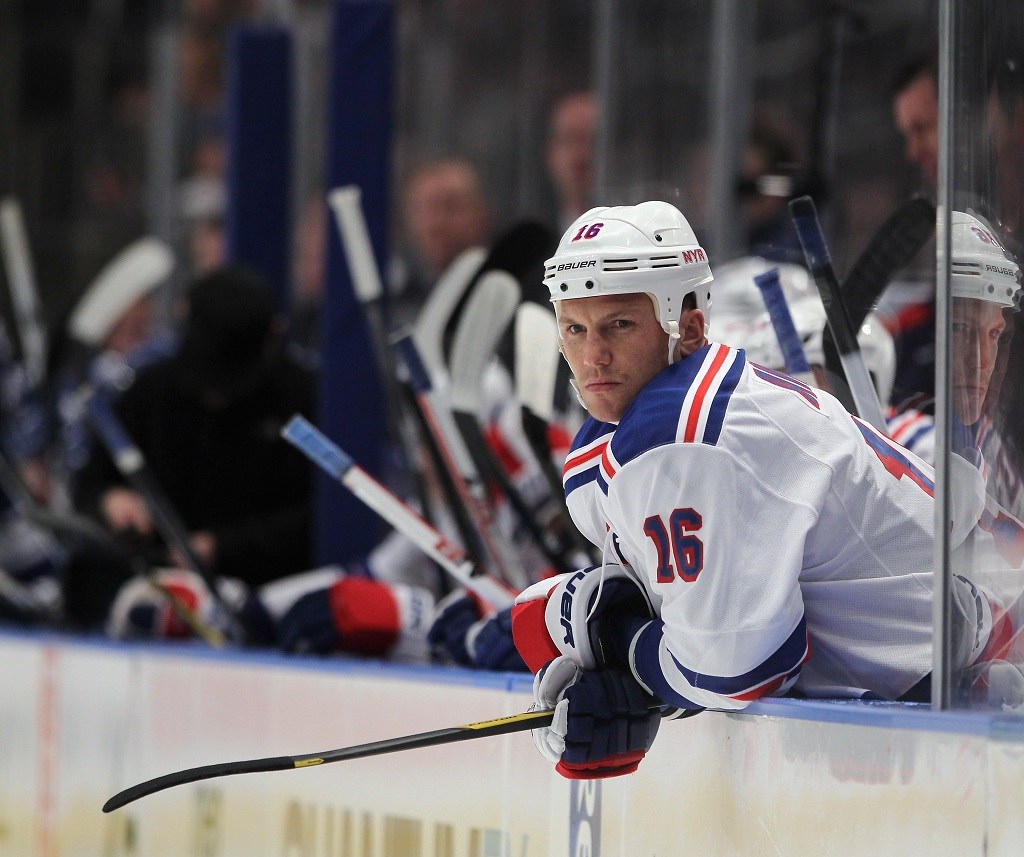 Sean Avery looks on from the bench at Madison Square Garden