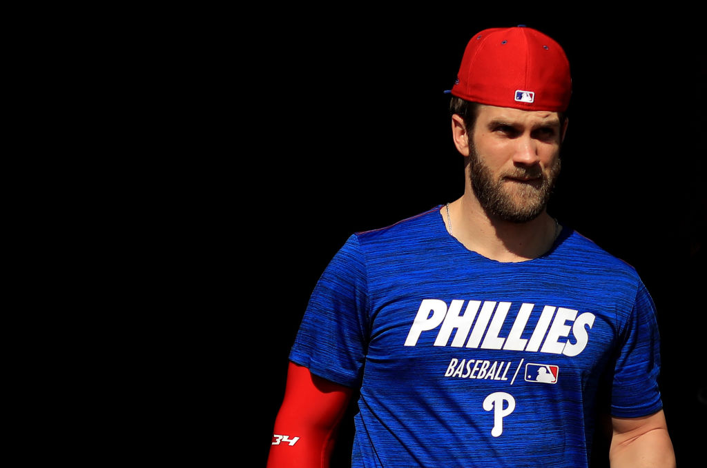 Outfielder Bryce Harper works out at Phillies spring training in 2019.