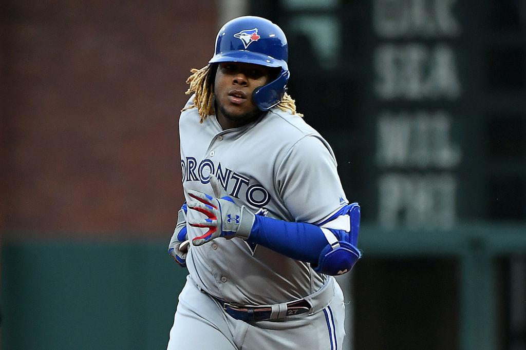 Vladimir Guerrero Jr. rounds the bases after hitting his first career home run on May 14, 2019.