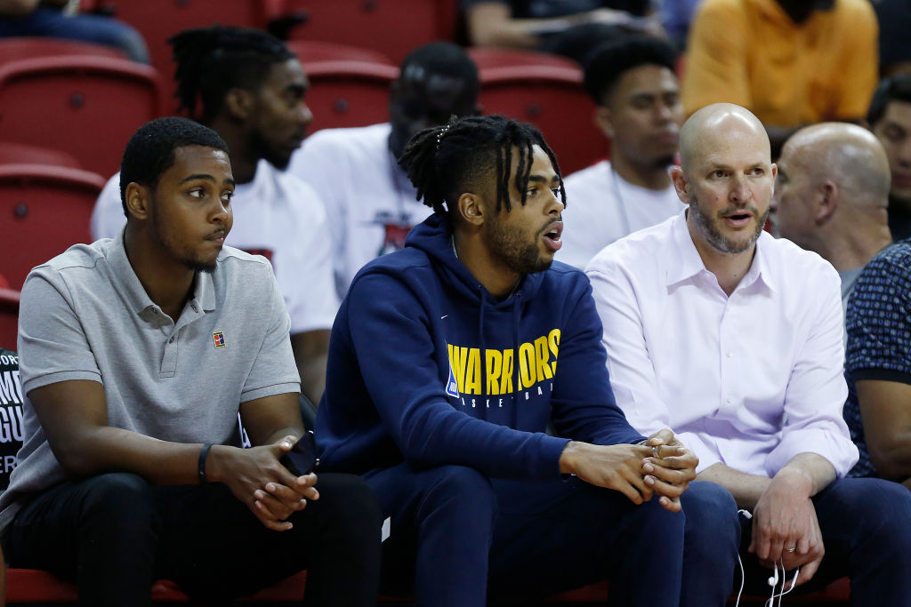 D'Angleo Russell (center) is the Warriors' newest acquisition, but how long will he play there?