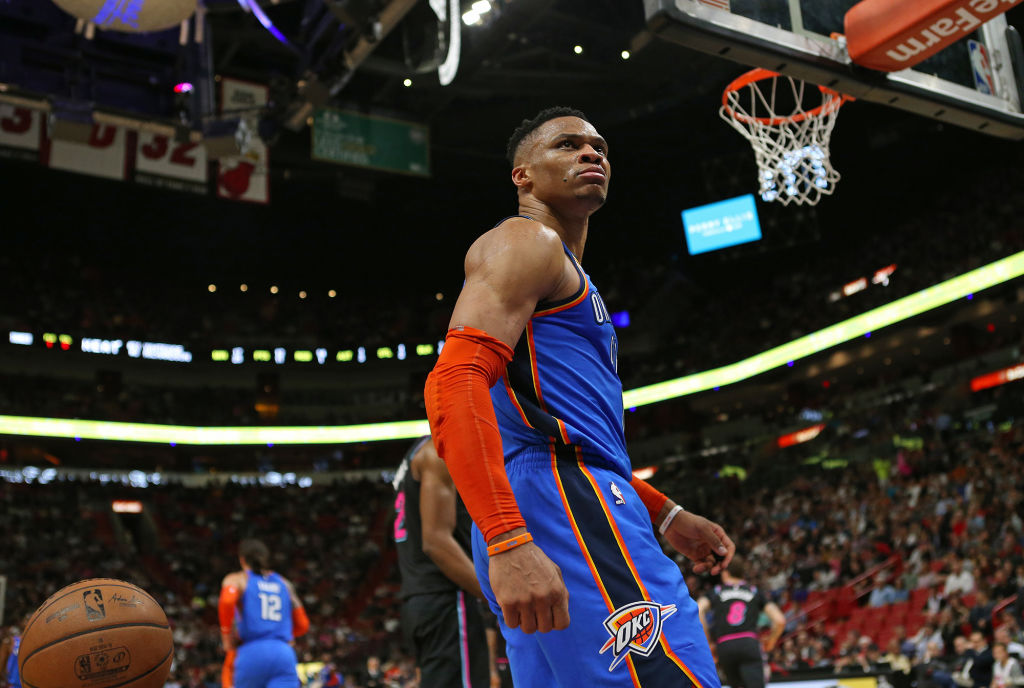Russell Westbrook looks on after a slam dunk
