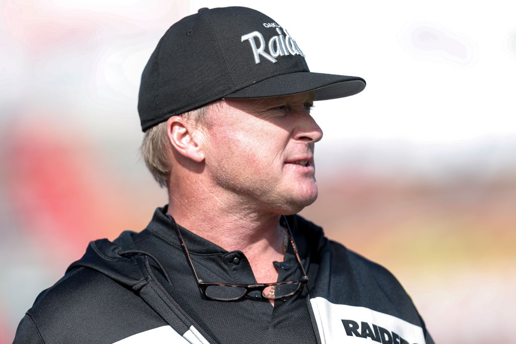 Jon Gruden scowling at the 2019 Reese's Senior Bowl
