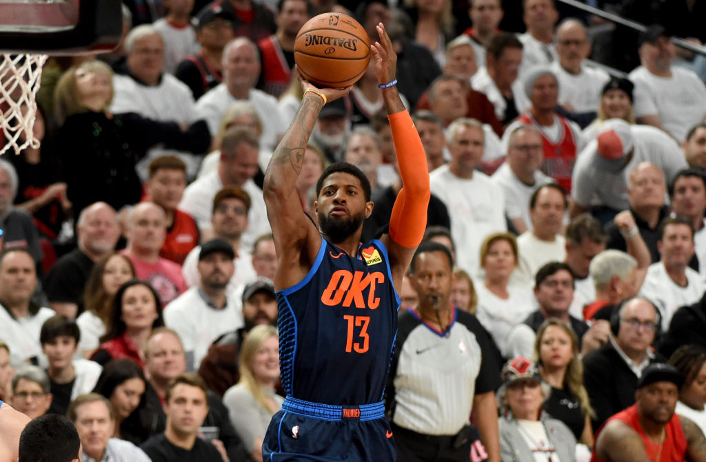 Paul George pulls up for a jump shot