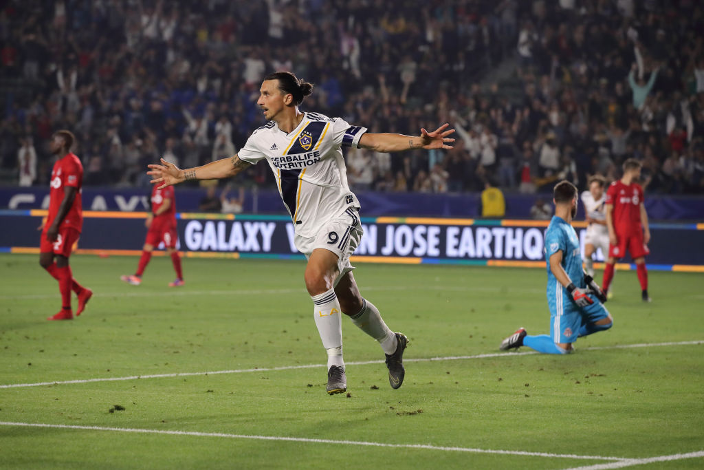 Zlatan Ibrahimovic celebrating a goal against Toronto FC