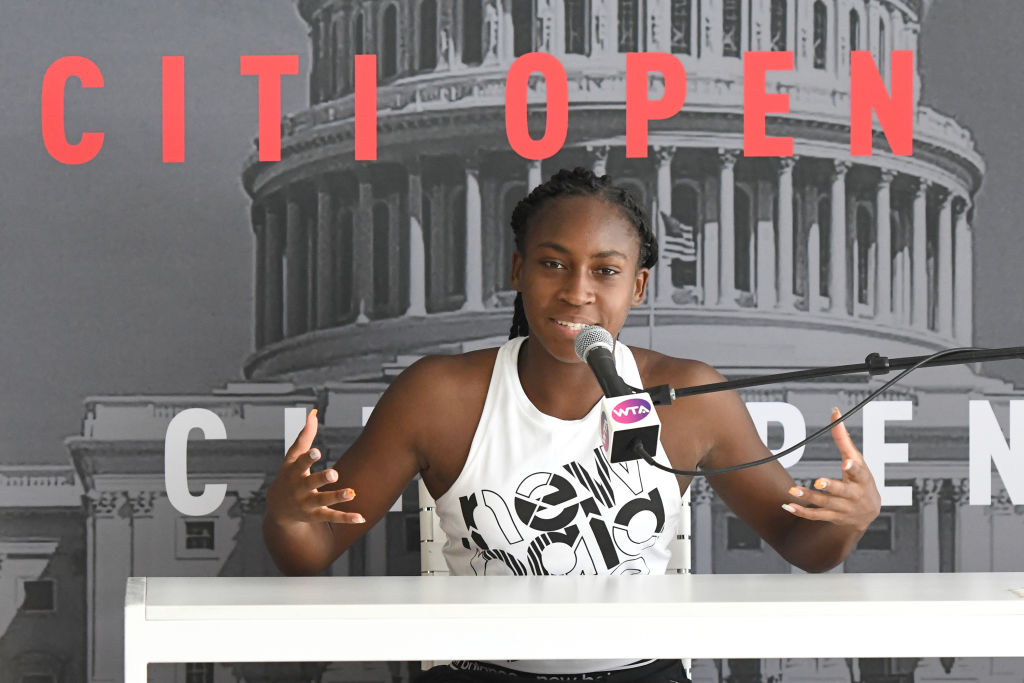 Coco Gauff address the media during the Citi Open